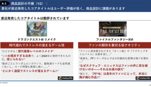 【悲報】スクエニさん、投資家さんに商品設計の不備を指摘されてしまう「ファンの期待を裏切る低クオリティ」